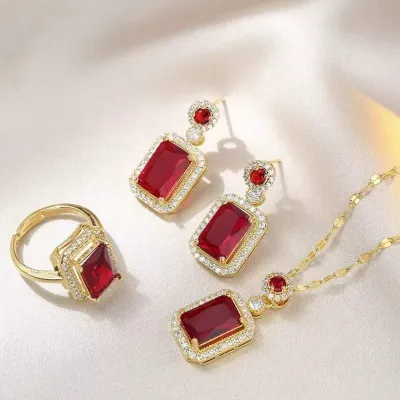 Shiny Red Stone Square Earrings Necklace Set